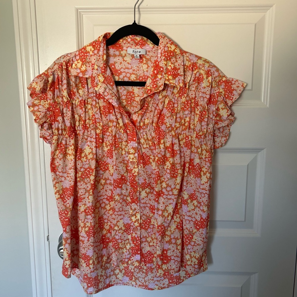 Fate Women's Floral Ruffle Blouse - Red, Yellow, and Pink